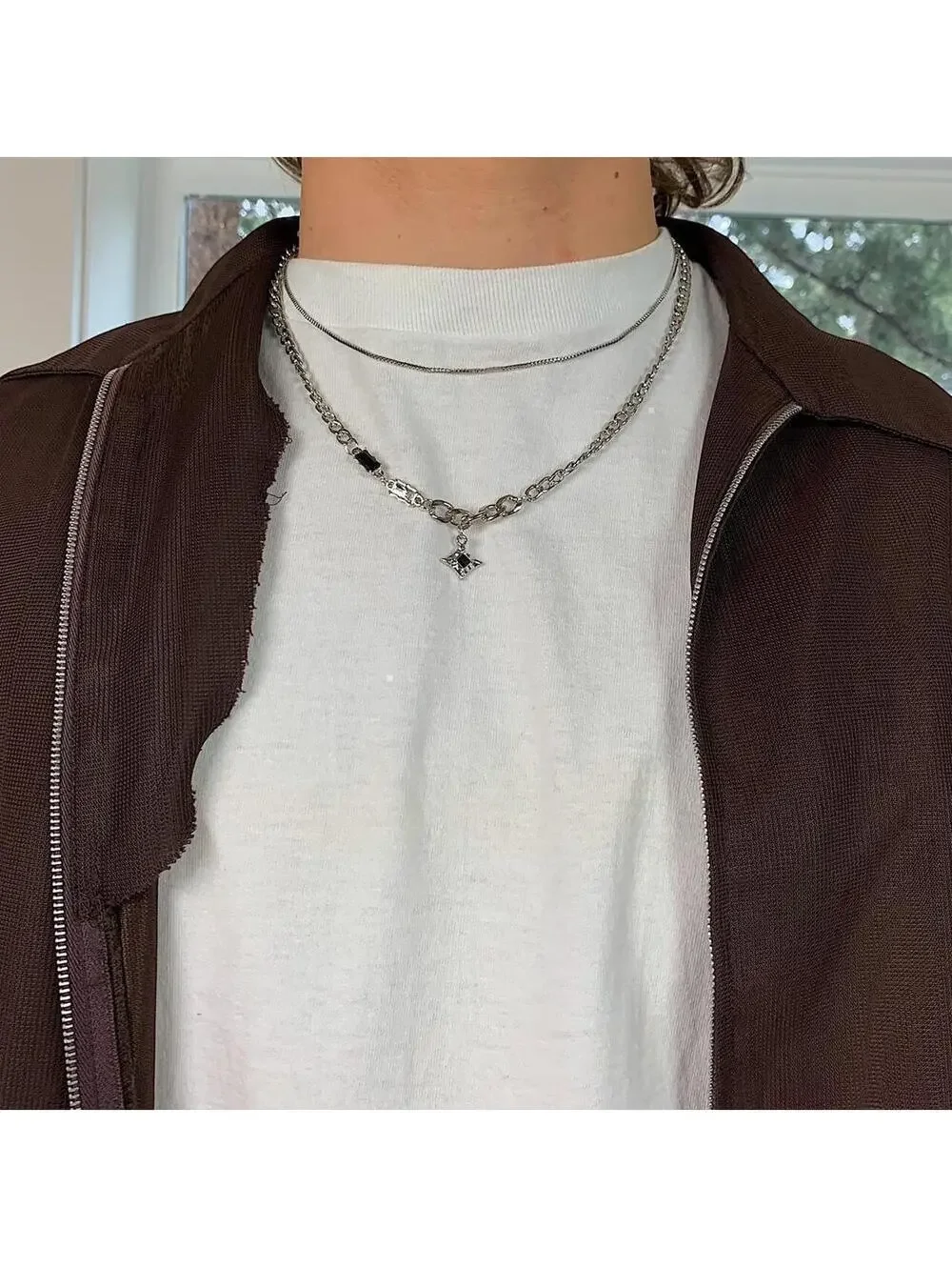 Y2k grunge cyber silver black opal star pendant Cuban link layered chain necklac